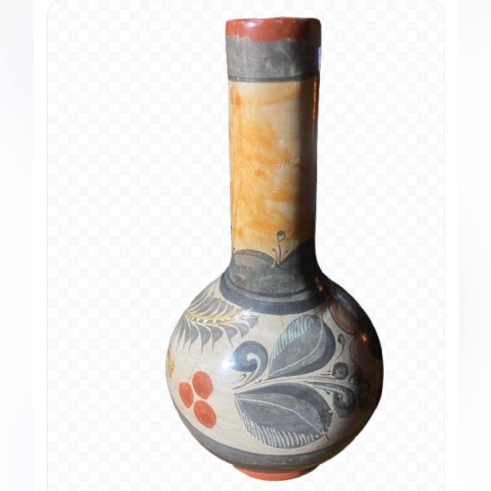 Vintage Tonala Pottery Vase Hand Painted Mexican Folk Art, Floral Motif